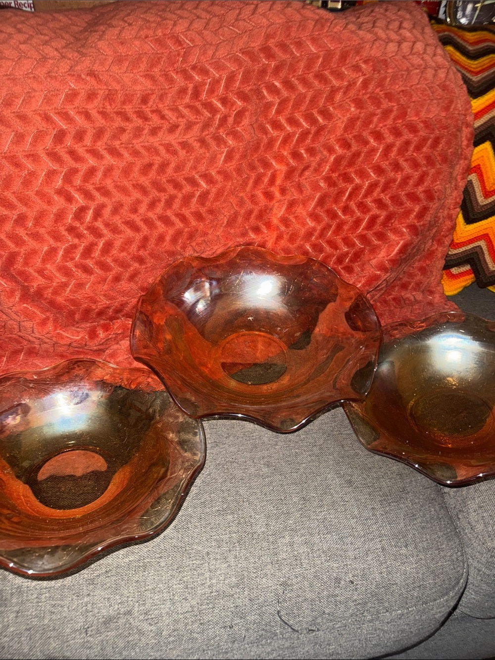 Vintage Amber Iridescent Marigold Carnival Glass Bowls Set of 3 | Ruffled Edge